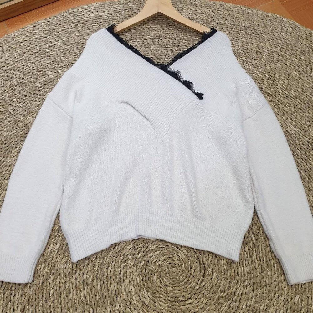 White V-Neck Sweater with Lace Trim